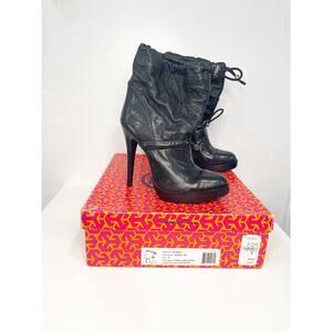 Tory Burch Trisha Drawstring Black Leather Stiletto Heel Booties Ankle Boots 9